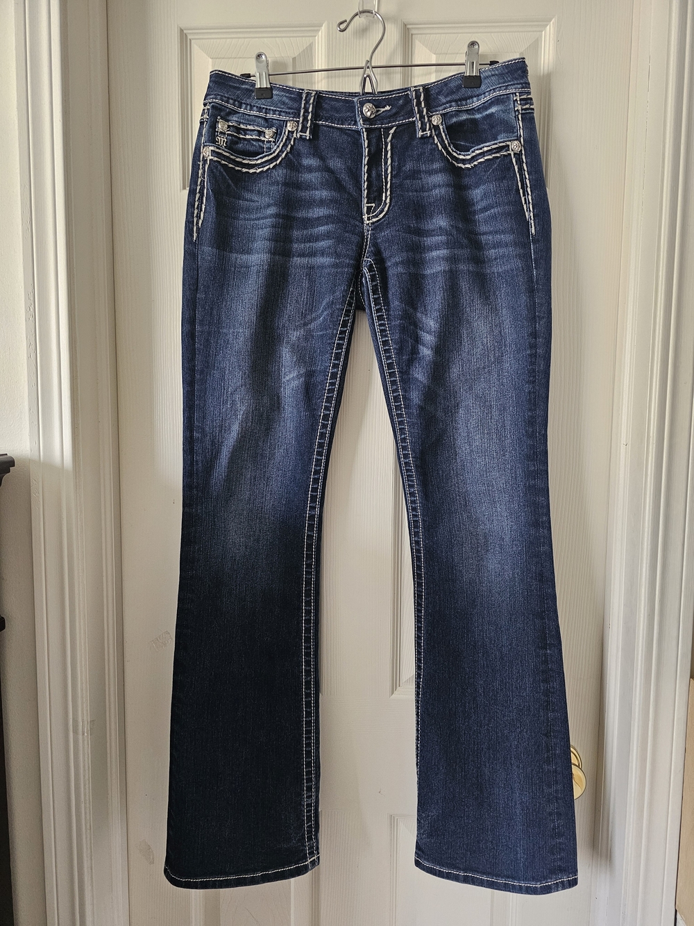 MissMe Wms Loose Saddle Stitch Border Bootcut Low-Rise Stretch Indigo Blue Sz 31 - Picture 3 of 16